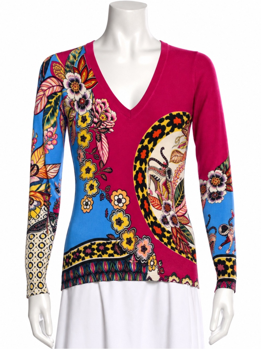 ETRO 38 Magenta and Light Blue Mixed Floral V-Neck Long Sleeve Silk Cashmere 38